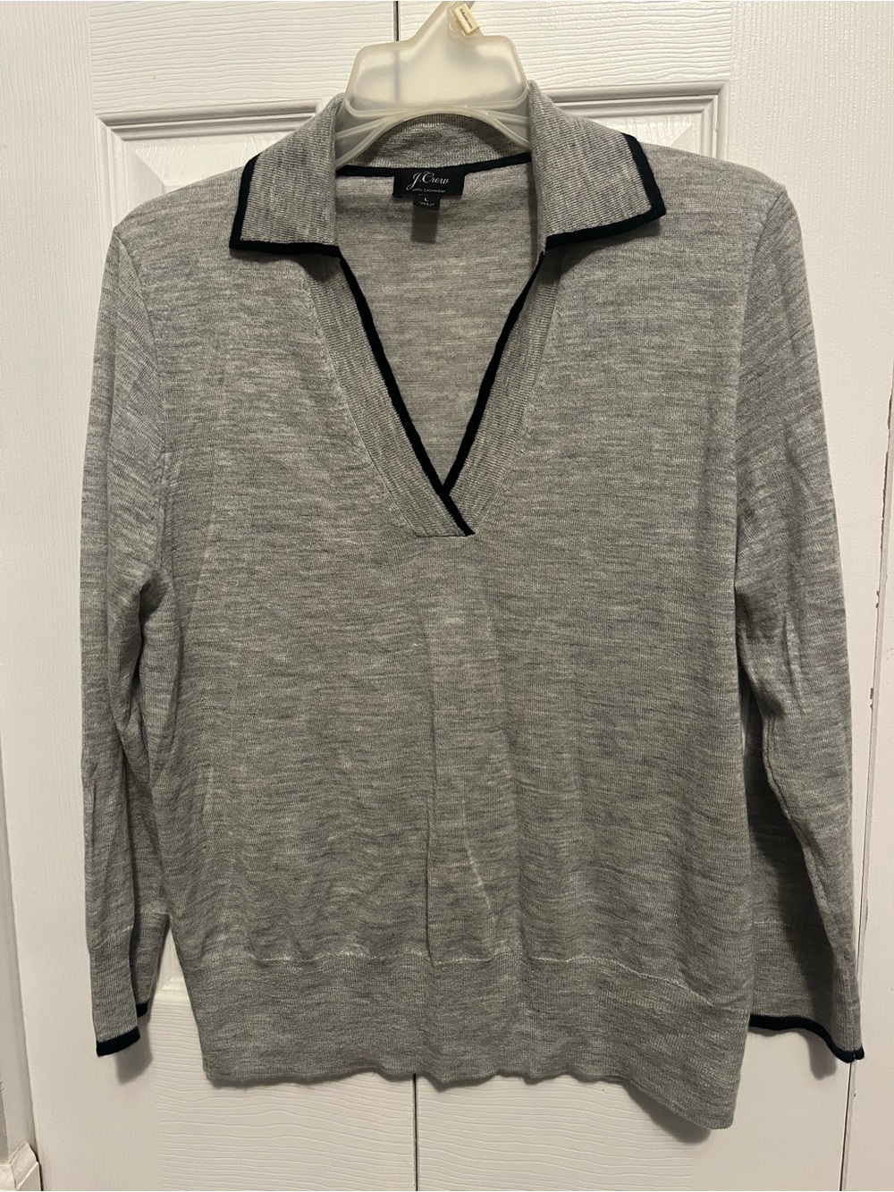 J. Crew Light Gray V-Neck Pullover with Black Trim